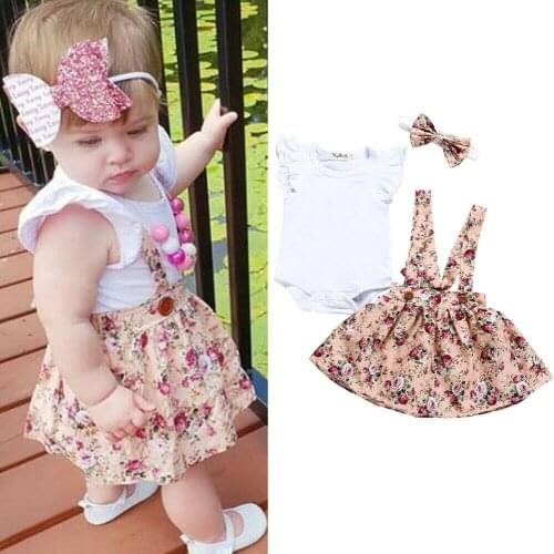 Newborn Infant Baby Girl Clothes Sets White Romper+Flowers Print Dress Headband Outfit Summer Overall Clothes Playsuit
