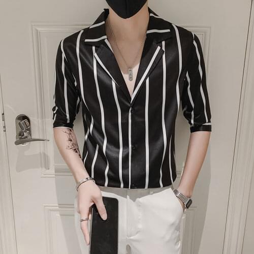 Korean Striped Shirts for Men Summer Suit Collar Short Sleeve Casual Shirt Streetwear Button Up Shirt Social Party Men Clothing