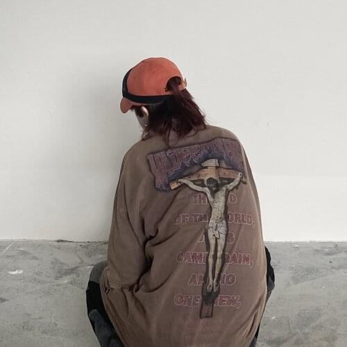 Dark High Street Style Cross Print Worn Looking Washed-out Short Sleeve T-shirt Mens Retro Loose Ins Idle Style