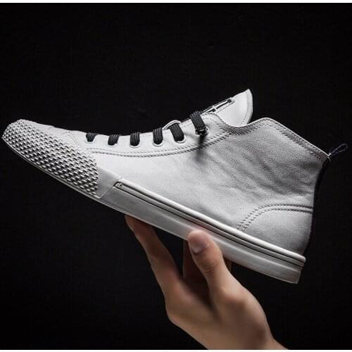 2021 Spring and Autumn Mid-high Plus Cashmere Mens Shoes Leather Top Layer Cowhide Off White Shoes Mens Fashion Casual Shoes