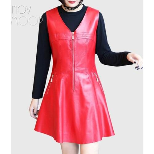 Novmoop sweet style black red V-neck sleeveless sheepskin genuine leather dress with zipper decor robe hiver femme LT2887