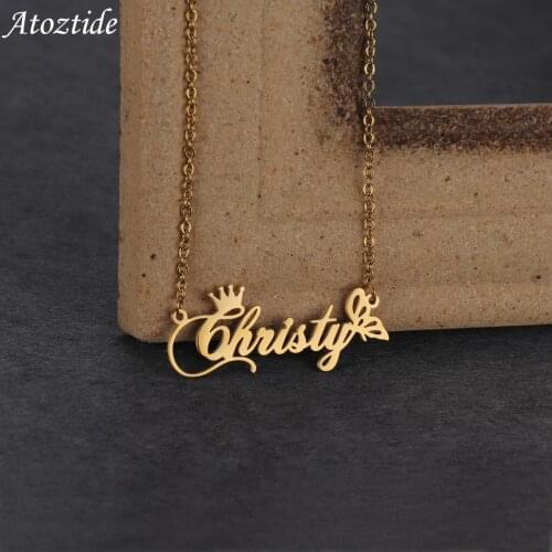 Atoztide Custom Name Necklace Crown Butterfly Stainless Steel Nameplate Pendants Necklaces for Women Jewelry Gift Freeshipping