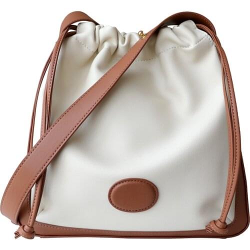 Contrast Stitching Drawstring Simple Fashion Large-capacity Genuine Leather Handbag For Ladies Vintage Tote For Female Portable