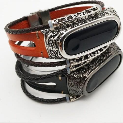 AKGLEADER For Xiaomi Mi Band 3 Retro Watch Band Genuine Leather With Jewelry Wrist Strap Metal Engrave Case For Miband Mi 3