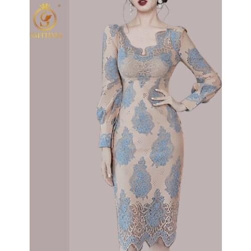 SMTHMA 2021 New Women Spring Fashion Lace Hollow Out Dress Long Sleeve Printed Slim Ladies Sexy V-Neck A-Line Dresses Robe