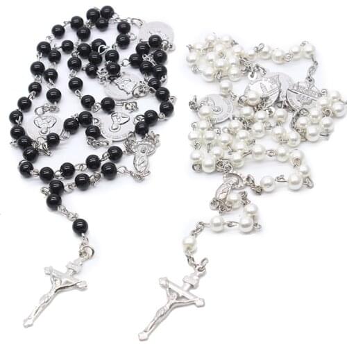 Holy Rosary Glass Imitation Pearls Beaded Necklace for Women Religious Long Chain Jesus Cross Pendant Necklace Jewelry Gift