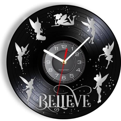 Believe In Fairies Vinyl Disk Crafts Wall Clock Fantasy Baby Room Decor Fairy Tale Vintage Vinyl Record Timepieces Wall Watch