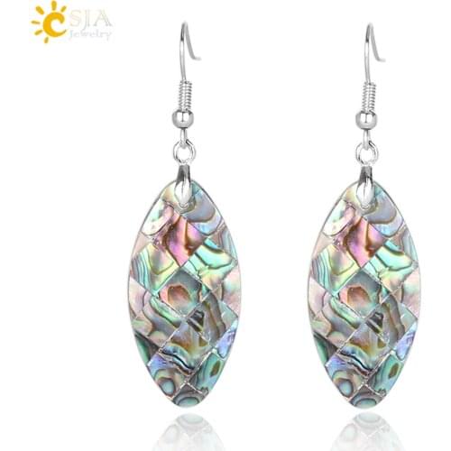 CSJA Natural Dangle Hook Earrings Paua Abalone Shell Bead Pendant New Zealand Olivary Earring Women Hanging Fashion Jewelry E357
