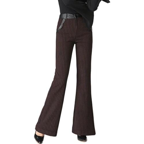 YUEY New Pattern Womens Autumn Pants Fashion Bell Bottom Big Yards Dark Red Striped Flare Pants Wide Leg Elegant Office Trousers