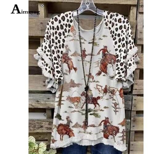 Plus Size 4xl Ladies Fashion Ripped T-shirt Short Sleeve Model Texas Cowboys Print Tee Shirt Loose Women Patchwork Top Pullovers