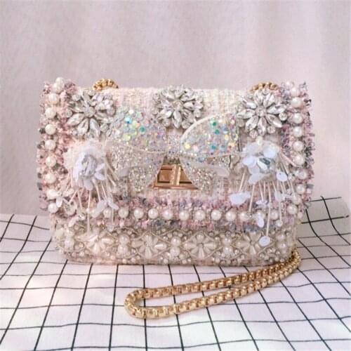 2019 new summer casual womens bag small fragrance pearl rhinestone gemstone shoulder bag chain small square bag