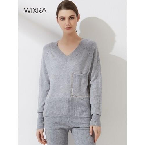 Wixra Women Knitted V Neck Loose Sweater 2021 Autumn Winter New Hot Pockets Pullover Female High Street Top Clothing