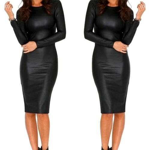 2021 Top Quality Sexy Women Imitation PU Leather Dresses Long Sleeve Crew Neck Midi Party Dress Clubwear Black Vestido De Festa