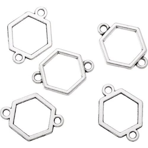 100 Pieces Metal Hexagon Hollow Bezel Pressed Blank Frame Pendants Base DIY Connector For Jewelry Making