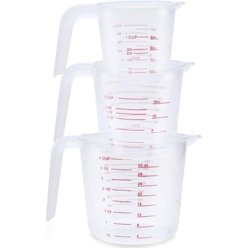 3pc Plastic Measuring Jug Set Large 4 Cup 2 Cup and 1 Cup Capacity BPA Free Measuring Beakers with Angled Grip Essential Kitchen