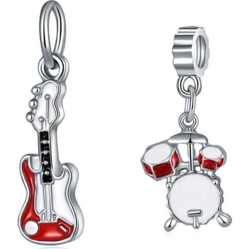 5PCS Wholesale Musical Instrument Bead Enamel Guitar Drum Charm Pendant Fit Original Bracelet Necklaces Women DIY Jewelry Making
