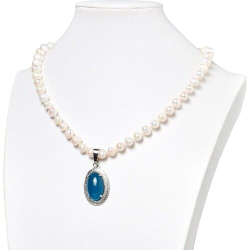 8-9mm Natural White Pearls Necklace with Oval Shape 22x32x9mm Pendant jewel Women Gifts 18inch H507