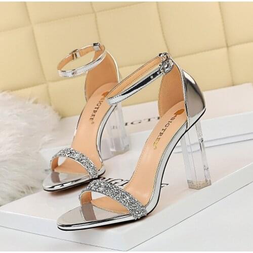 Bigtree 2021 NEW Summer Fashion Womens Shoes Party Open Flock Bling Versatile Ankle-Wrap Fashion Sandalias Shallow Buckle Strap