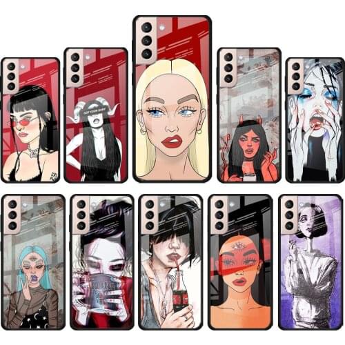 Sexy Devil Woman Cool for Samsung Galaxy S21 Ultra Plus A72 A52 4G 5G M51 M31 M21 Luxury Tempered Glass Phone Case Cover