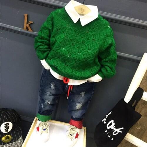 Children Baby Boys spring Autumn Clothes Sets Kids Knit sweater + shirt + jeans 3pieces Clothing Sets Child Sport Suits 2-6years