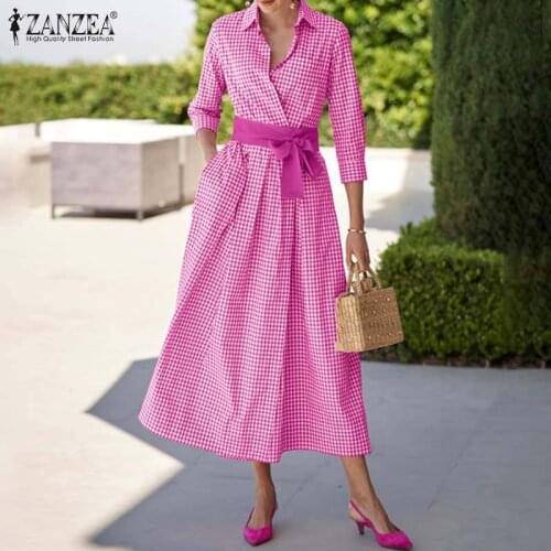 Autumn Womens Elegant French Dress ZANZEA Vintage Plaid Check Long Maxi Dresses Fashion Holiday Party Shirt Vestidos Robe Longue
