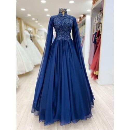 Elegant Chiffon Appliques Beaded Muslim Prom Dress 2021 Saudi Arabic Islamic Evening Formal Party Ball Gowns with Cape