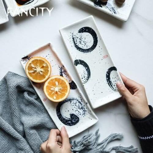 FANCITY Ceramic Plate Japanese Sushi Plate Snack Plate Sashimi Long Strip Home Tray Dim Sum Snack Plate Dish Plate