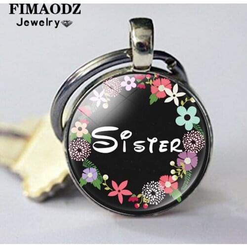FIMAODZ Charm Sister Keychain Cartoon Flower Butterfly Art Photo Glass Round Metal Pendant Key Chain Best friends Gift for Women