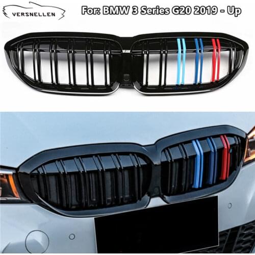 Glossy Black Racing Grills for BMW G20 New 3 Series 2019 2020 M Look Front Grills Carbon Fiber 2 Slats Kidney Grille Replacement