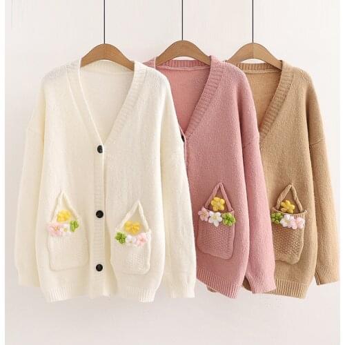 2183 Cute Floral Basket Stitching Pockets Chic Cardigan Sweater For Women Kawaii Sweet Style Loose v-Neck Long Sleeve Knitwear
