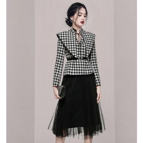 Houndstooth Plaid Jackets + Elastic Waist Long Mesh Skirts Set Two Piece Set Tracksuit Autumn Winter Outfits Belt Elegant C918