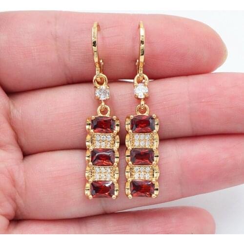 Gold Color Women Fashion Red Zirconia CZ Geometric Blocks Dangle Earrings Jewelry