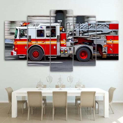 Wall Art Canvas Poster Modular Modern HD Printed Car Pictures 5 Pieces Fire Engine Painting For Living Room Home Decor Framework