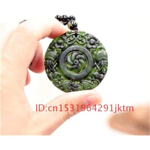 Natural Charm Accessories Green Carved Flower Jewelry Bat Jade Pendant Obsidian Amulet Gifts Chinese for Men Black Necklace