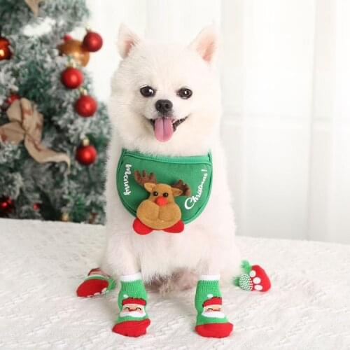 Dog Cat Socks 4 PCS Non-Slip Christmas Shoes Festival Themed Woven Paw Protector Knitting Pet Supplies for Floor Indoor Hot