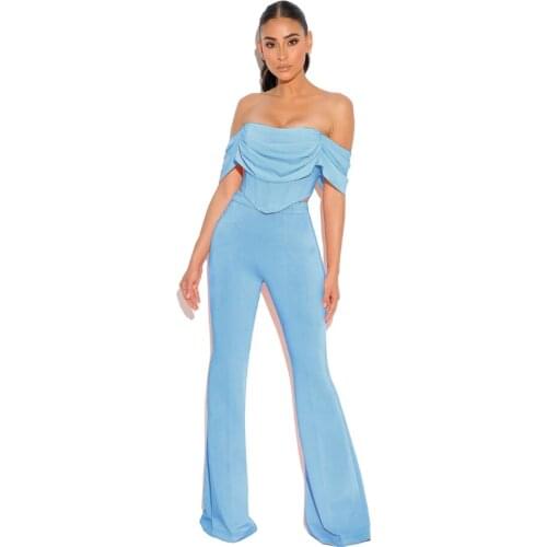 2021 new autumn ladies blue bandages 2 two-piece off-shoulder tops + wide-leg pants commuter high street suit boutique clothing