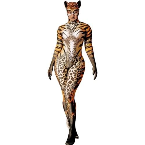 Sexy Leopard Role Playing Jumpsuit Women Elastic Tights Full Cover Bodysuit Halloween Party Animal Cosplay Costumes Stage Wear