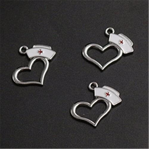 6pcs Antique Silver Color Popular Hot Sale Heart-shaped Nurse Hat Charm DIY Handmade Metal Jewelry Alloy Pendants 22*20mm A1338