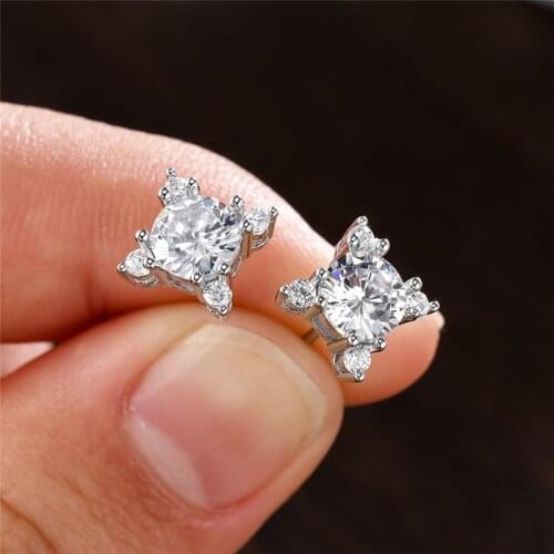 Female Luxury Crystal Stone Earring Fashion White Zircon Flower Stud Earrings Vintage Silver Color Small Cute Earrings For Women