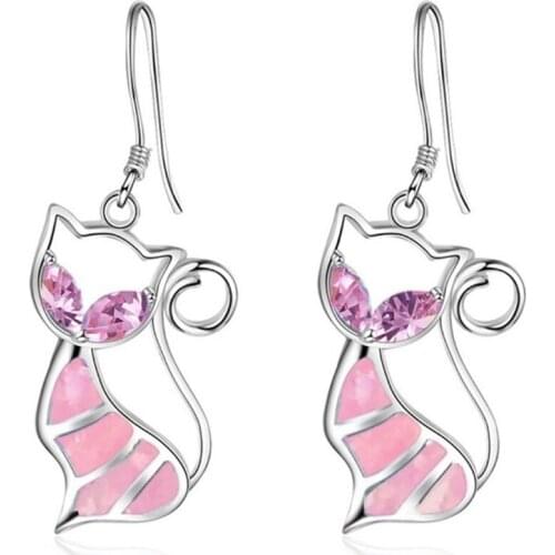 FYSL Silver Plated Many Colors Opalite Opal Lovely Cat Shape Dangle Earrings for Women Animal Jewelry