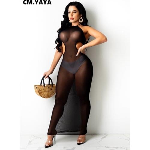 CM.YAYA Women Mesh See Though Open Back Bodycon Women Midi Maxi Dress Sexy Night Party Club Halter Neck Sleeveless Long Dresses