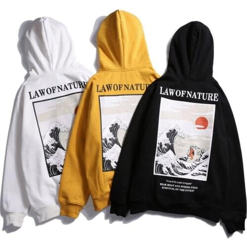 QNPQYX Japanese Embroidery Cat Wave Printed Fleece Hoodies New Winter Japan Style Hip Hop Casual Sweatshirts Streetwear