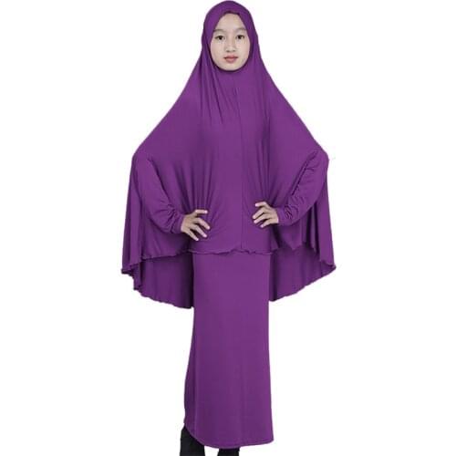 Traditional Abaya Hijab Robes for Girls Two Piece Muslim Prayer Clothes Kids Solid Loose Large Abayas