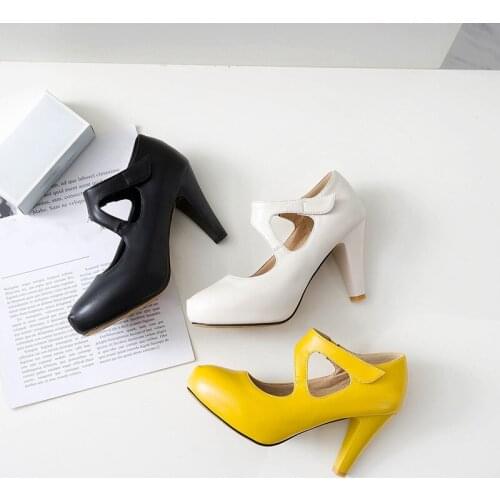 YQBTDL Fashion Black Beige Office Dress Heels Women Hook Loop Mary Jane High Heel Pumps Yellow Ladies Party Stiletto Shoe Summer