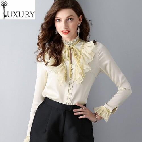 Women Fashion European High Ruffled Collar Bow Tie Elegants Office Ladies Autumn Spring Tops Blouses Shirts XL