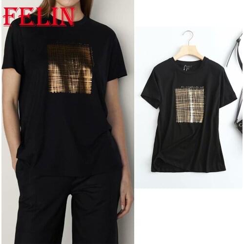 Za Oversized Casual Cotton T-Shirts Women Chic Black Soft Summer T-Shirts Female Short Sleeve Golden Print Office Lady Tees
