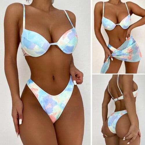 Women Bandeau Bandage Bikini Set 2021 New Split Swimsuit Tie-dye Printing High Waist Panties Bra Two-piece Suits Sexy Bikini Set