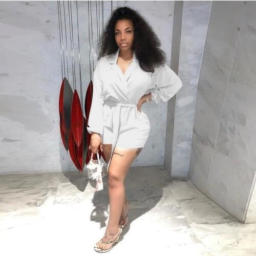 2021 High Quality New Design Playsuits Solid Turn-down Collar Long Sleeve Summer Office Lady Bodycon Rompers