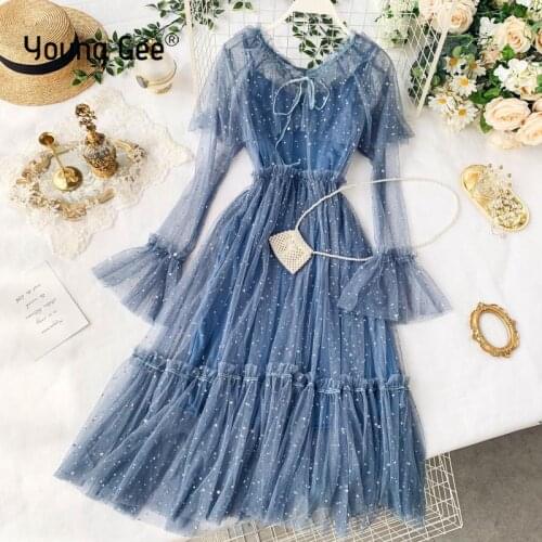 Young Gee Elegant Mesh Lace Embroider Women Dress Bow Collar Flare Sleeve Party Dresses Sexy Elastic Waist Midi Dresses vestido