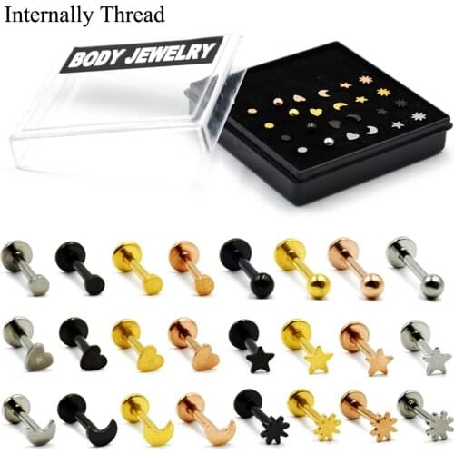 24Pcs Internally Thread Round Ball, Star, Moon, Heart Labret Lip Piercing Ear Tragus Stud Ring Monroe Body Jewelry Retainer 16g